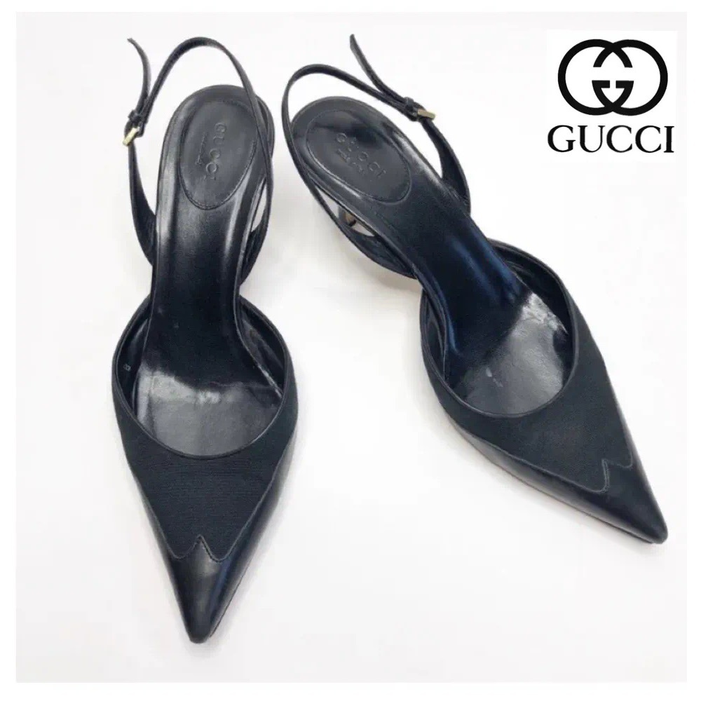 Gucci Black Leather Pointed Toe Slingback Heels